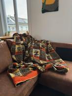 Vintage 100% wollen deken plaid 180x200 | oranje geel bruin, Ophalen of Verzenden, Gebruikt