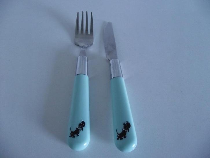 RVS turquoise kinderbestek set Takkie vork + mes 16,5 cm p s, Huis en Inrichting, Keuken | Bestek, Gebruikt, Bestekset, Rvs of Chroom