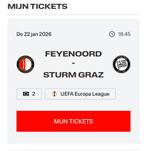 2 kaartjes (Vak G) Feyenoord - Sturm Graz, Losse kaart, Twee personen, Januari, Europa of Champions League
