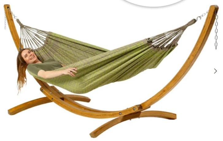 Hangmat merk Luilak met houten standaard 300, Tuin en Terras, Hangmatten, Zo goed als nieuw, Eenpersoons, Met standaard, Binnen
