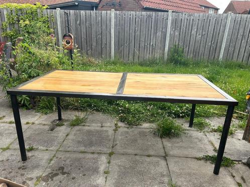 Handgemaakte Eet Tafel Staal/Hout 6-8 Persoons, Huis en Inrichting, Tafels | Eettafels, Gebruikt, 200 cm of meer, 100 tot 150 cm
