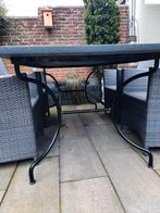 Terras tafel met natuurstenen blad, 4 stoelen en kussens, Ophalen, Gebruikt, Rechthoekig