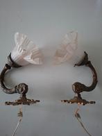 set vintage bronzen klassieke wandlampje brocante jugendstil, Ophalen of Verzenden, Gebruikt, Glas, Brocante