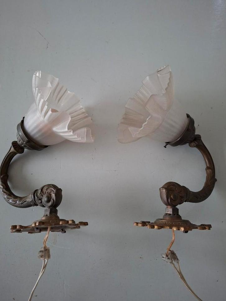 set vintage bronzen klassieke wandlampje brocante jugendstil, Huis en Inrichting, Lampen | Wandlampen, Gebruikt, Glas, Metaal