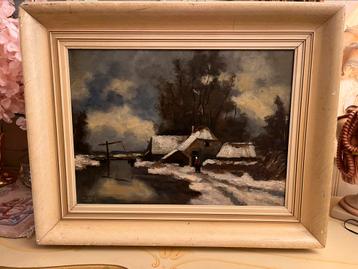 Antiek olieverf winterlandschap schilderij  beschikbaar voor biedingen