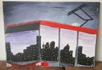 Schilderij weerspiegeling stadsgezicht in ramen van de tram, Ophalen