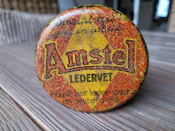 Antiek Vintage Blik Amstel Ledervet / Ledersmeer