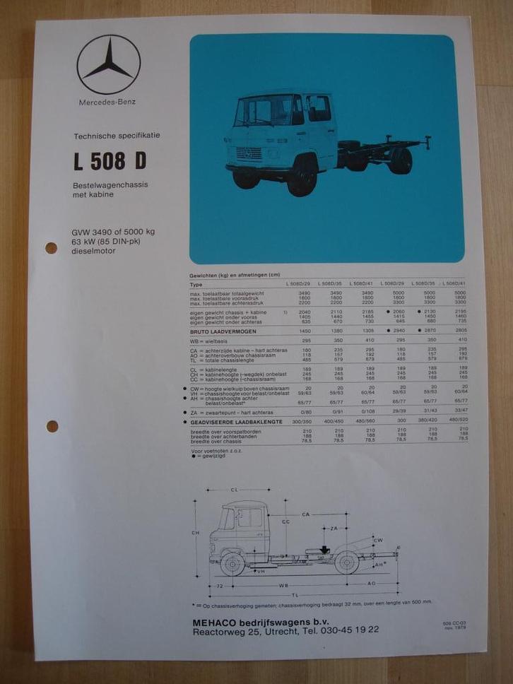 Mercedes 508 D Technische Specificatie folder 1979 CC – 508D, Boeken, Auto's | Folders en Tijdschriften, Zo goed als nieuw, Mercedes