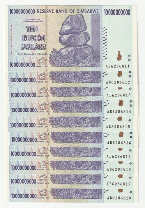 Zimbabwe : 10 x 10 Billion Dollars 2008 met opeenv.nrs., Postzegels en Munten, Bankbiljetten | Afrika, Setje, Zimbabwe, Verzenden