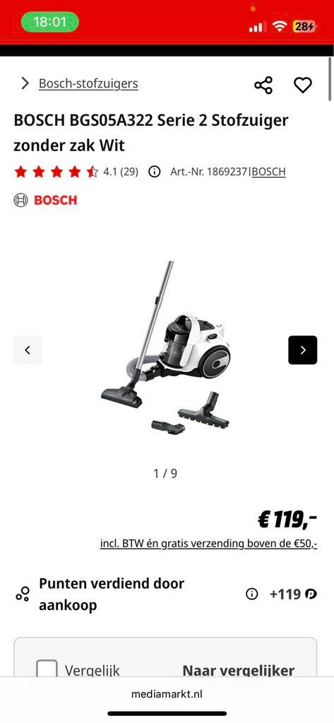 Bosch serie 2 stofzuiger, Witgoed en Apparatuur, Stofzuigers, Gebruikt, Stofzuiger, Minder dan 1200 watt, Reservoir, Ophalen