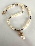 Zoetwater parel ketting met lapislazuli en messing, Sieraden, Tassen en Uiterlijk, Kettingen, Overige materialen, Gebruikt, Overige kleuren