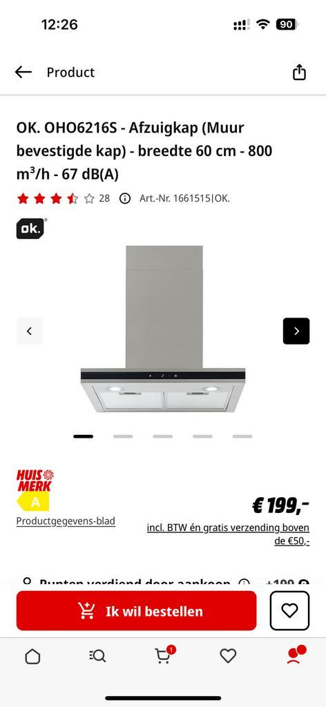 Te koop: OK. Afzuigkap (muurmodel) – 60 cm, Witgoed en Apparatuur, Afzuigkappen, Zo goed als nieuw, Wandschouwkap, 600 tot 800 m³ per uur