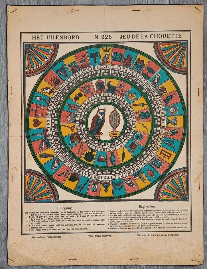 Antiek boordspel Het Uilenbord - Jeu de la Chouette, Antiek en Kunst, Kunst | Etsen en Gravures, Ophalen of Verzenden