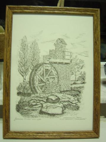 pentekening in schilderij watermolen patio beschikbaar voor biedingen