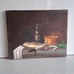 Stilleven vis met koperen pan en wijn op tafel olieverf doek, Ophalen of Verzenden