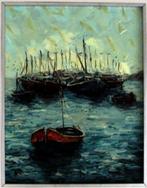 Peru. Olieschilderij M.Vearano. Roeibootjes bij zee, blauw, Antiek en Kunst, Kunst | Schilderijen | Klassiek, Ophalen