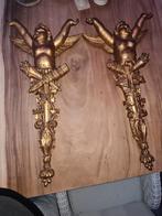 Exclusief antiek koppel grote houten engelen met bladgoud, Antiek en Kunst, Ophalen of Verzenden