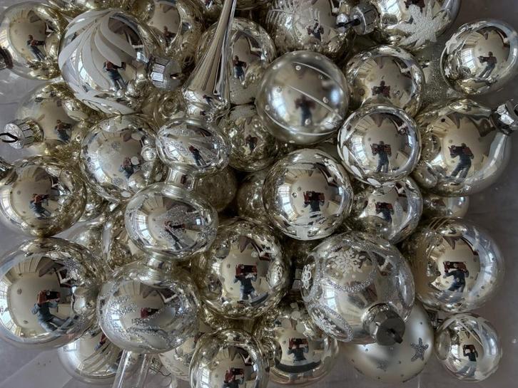 Kerstballen vintage glas zilver met decoratie 100+st + piek, Diversen, Kerst, Gebruikt, Ophalen