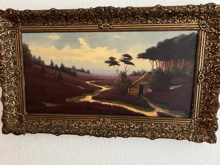 Schilderij Heidelandschap met Huisje, Antiek en Kunst, Kunst | Schilderijen | Klassiek, Ophalen of Verzenden