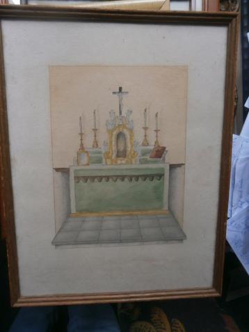 Mooie Altaartje in Aquarel, At Alere Dei  in mooi lijstje  beschikbaar voor biedingen