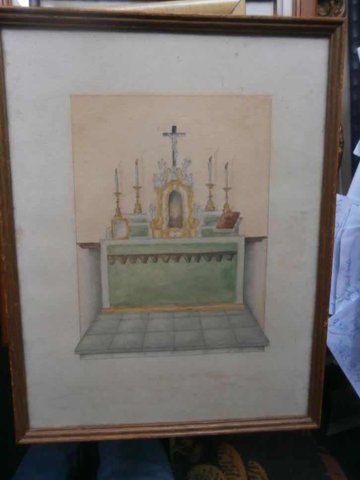 Mooie Altaartje in Aquarel, At Altere Dei  in mooi lijstje, Antiek en Kunst, Antiek | Religie, Ophalen of Verzenden