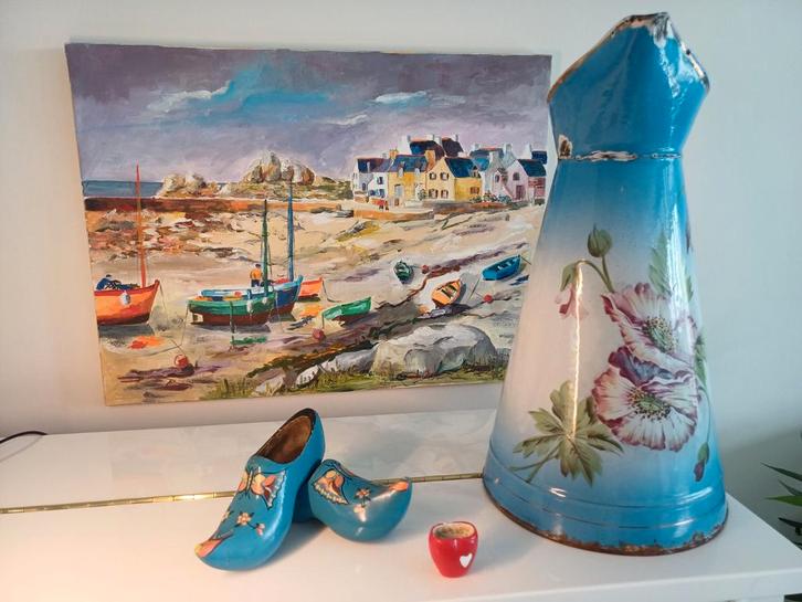 Oude lampetkan met bloemendecoratie, Antiek en Kunst, Antiek | Emaille, Ophalen of Verzenden