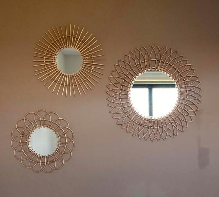 Set van 3 Rotan Spiegels, Huis en Inrichting, Woonaccessoires | Spiegels, Zo goed als nieuw, Minder dan 50 cm, Minder dan 100 cm