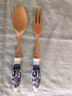 slabestek , houten vork en lepel met Delft porselein handvat, Ophalen of Verzenden