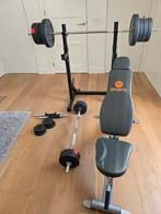 Dumbells, rechte & curl bar, halterbank & rubberen gewichten, Ophalen, Zo goed als nieuw