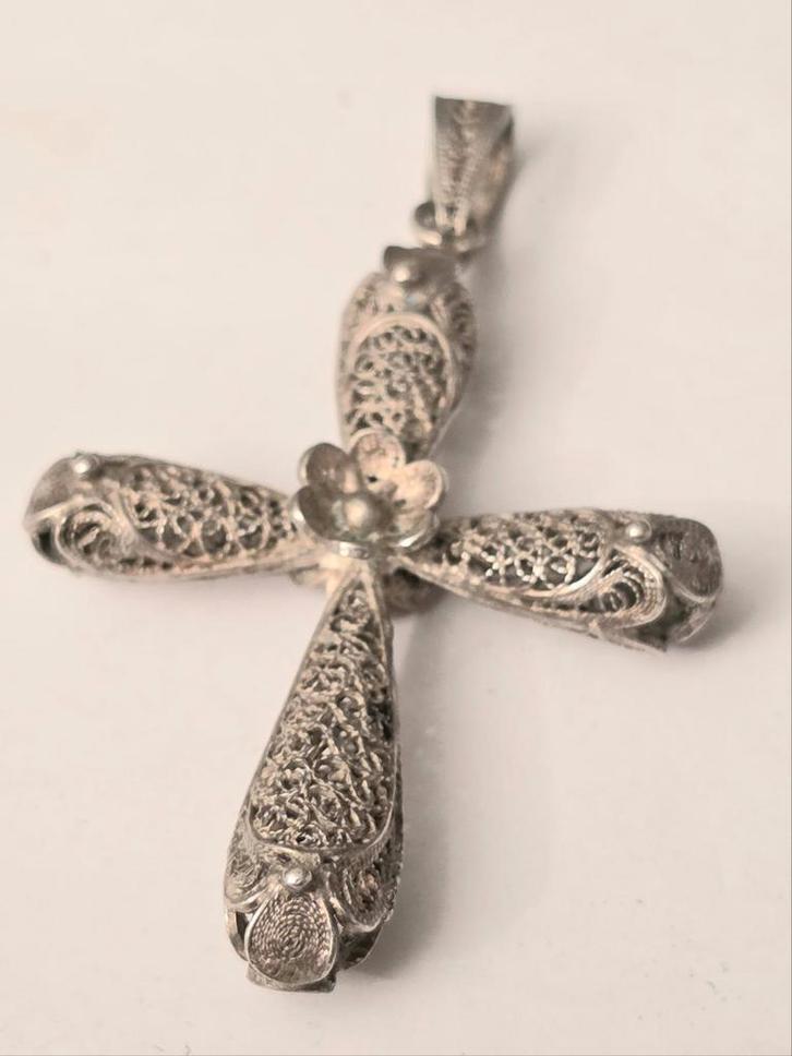 Antieke Zilveren Filigrain Kruis, Sieraden, Tassen en Uiterlijk, Antieke sieraden, Zilver, Verzenden