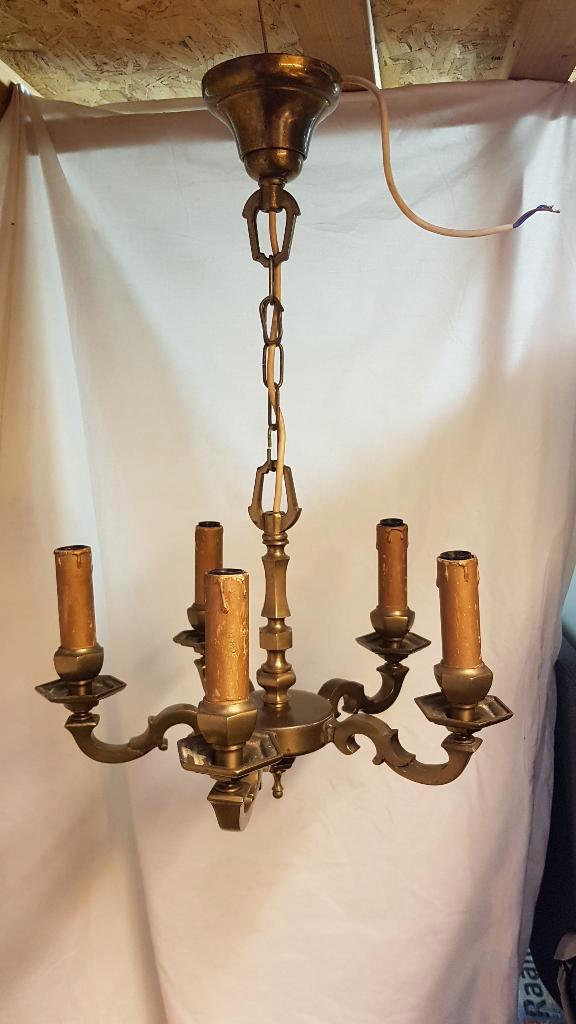 Robuuste vintage messing kroonluchter met 5 armen, Huis en Inrichting, Lampen | Kroonluchters, Gebruikt, Metaal, Ophalen