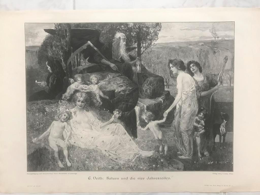 E. Veith: Saturn und die vier Jahreszeiten, 1892, 32x23cm., Antiek en Kunst, Kunst | Etsen en Gravures, Ophalen of Verzenden