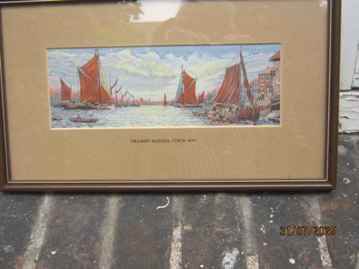 Mooi schild. Geweven zijde,Titel: Thames Barges, Antiek en Kunst, Kunst | Schilderijen | Klassiek, Ophalen