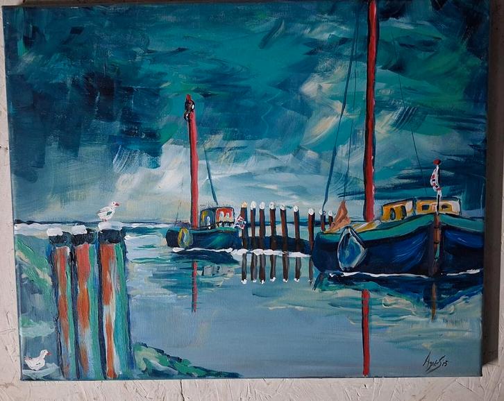Havengezicht met Boten - Agnes Scholte, Antiek en Kunst, Kunst | Overige Kunst, Ophalen of Verzenden