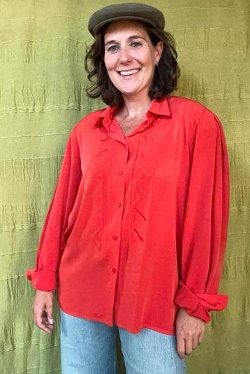 Vintage rode blouse / shirt - embroidery - 42/XL beschikbaar voor biedingen