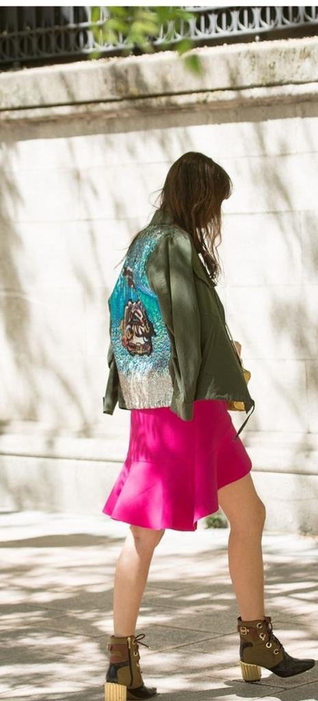 Zara woman oversized army green biker jas L pailetten, Zara, Maat 42/44 (L), Nieuw, Ophalen of Verzenden