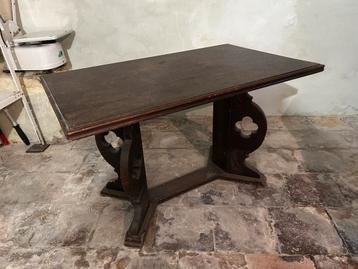 Antieke Kloostertafel / Salontafel Donker Hout Uniek Onderst beschikbaar voor biedingen