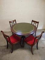 Kaarttafel ingelegd leder op leeuwenpoten+4 stoelen rode zit, Huis en Inrichting, Tafels | Sidetables, Overige materialen, 100 tot 150 cm