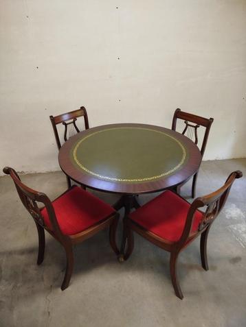 Kaarttafel ingelegd leder op leeuwenpoten+4 stoelen rode zit beschikbaar voor biedingen