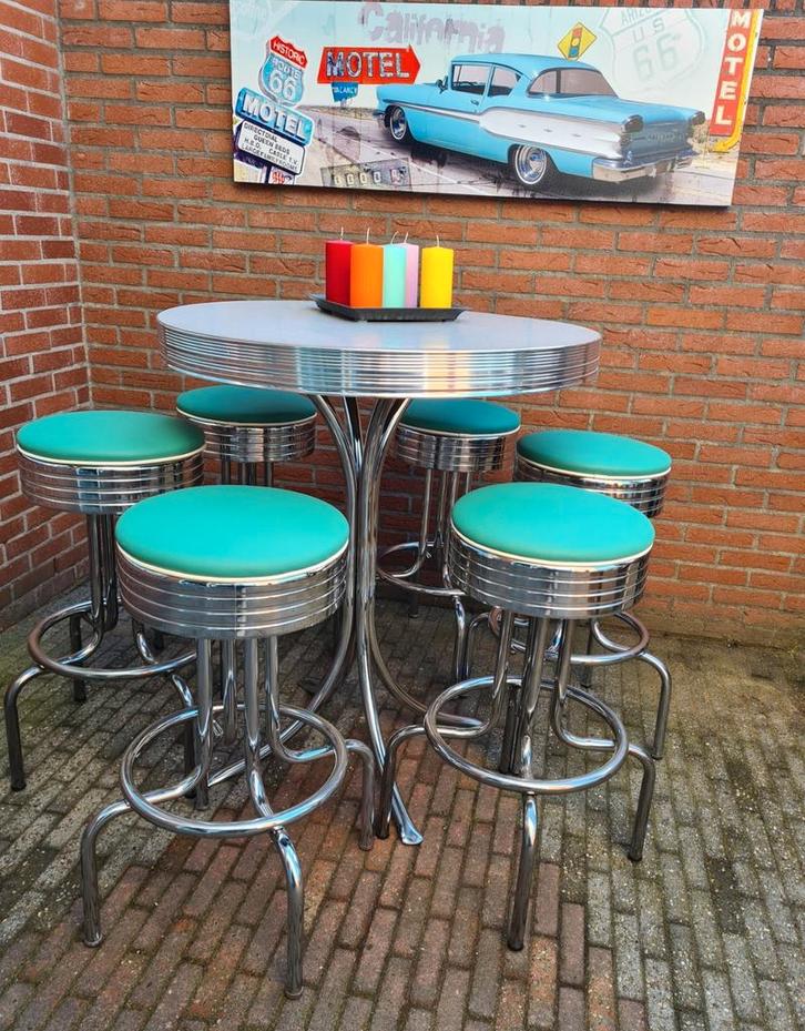 FIFTIES SIXTIES AMERIKAANSE BARKRUKKEN BEL AIR BAR TAFEL, Huis en Inrichting, Barkrukken, Zo goed als nieuw, 60 tot 90 cm, Metaal