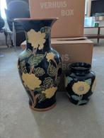 Vazen set in donkerblauw met gele bloemen en groene bladeren, Huis en Inrichting, Ophalen, Minder dan 50 cm, Groen, Glas