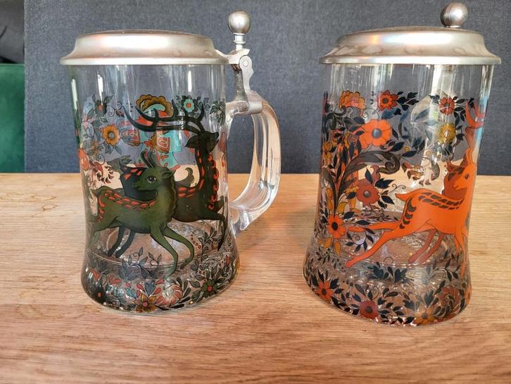 2 Bierpullen met jachttafereel Pfanni, Verzamelen, Glas en Borrelglaasjes, Zo goed als nieuw, Bierglas, Ophalen of Verzenden