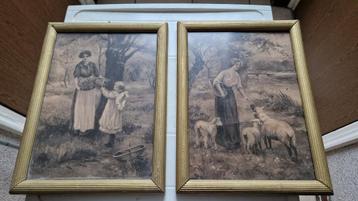 2 oude tekeningen etsen prints in oude lijsten beschikbaar voor biedingen