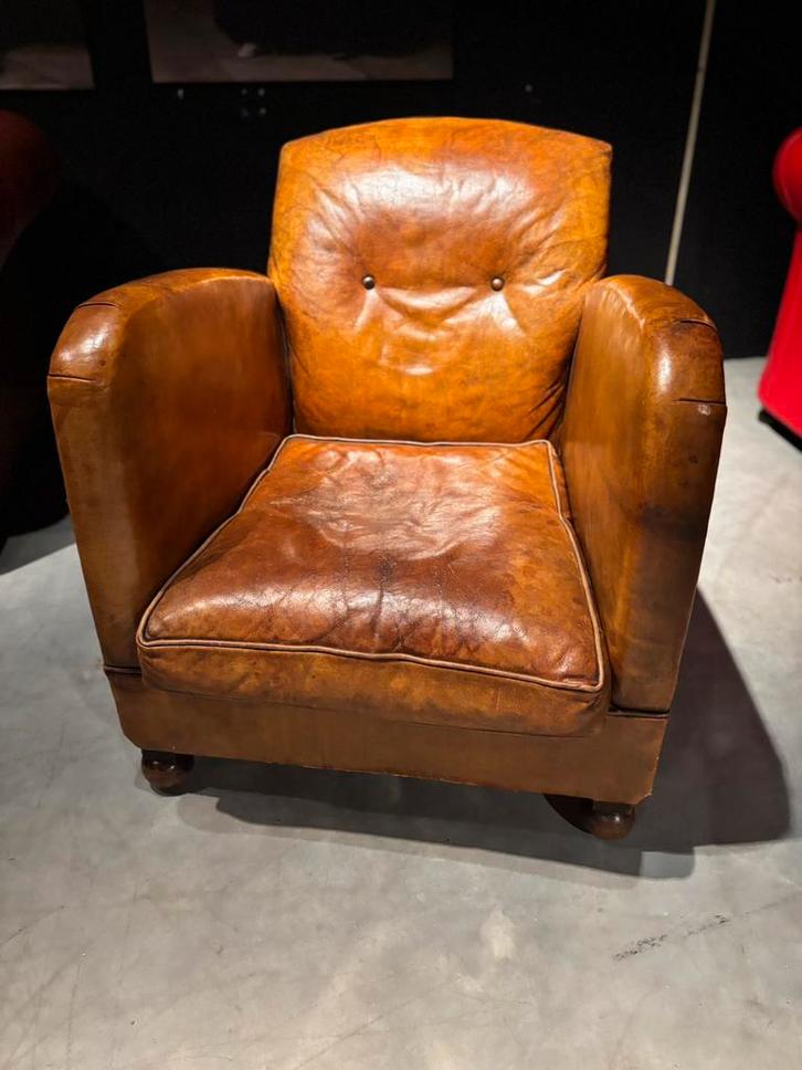 Antieke Schapenleren OCL fauteuil - Art Deco, Huis en Inrichting, Fauteuils, Gebruikt, Leer, 50 tot 75 cm, 75 tot 100 cm, Ophalen of Verzenden