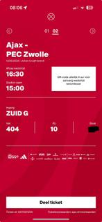 Ajax - PEC Zwolle - 2 tickets - vak 404, Tickets en Kaartjes, Losse kaart, Twee personen, September