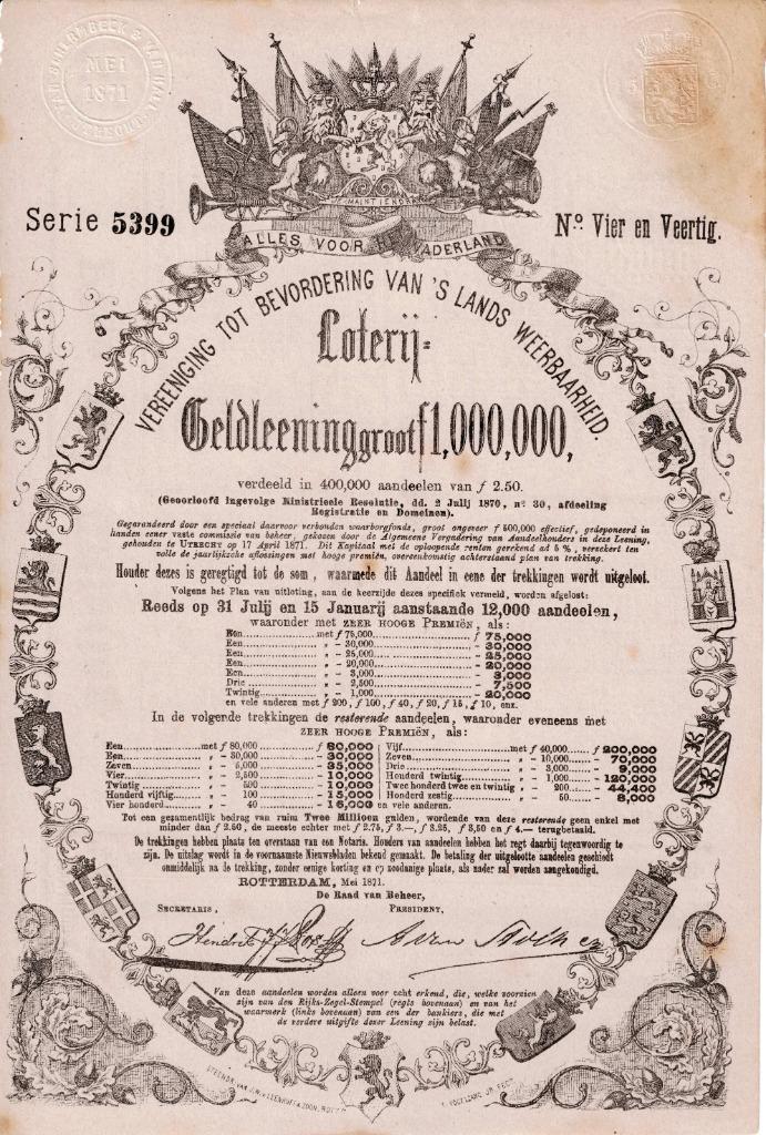 Vereeniging Tot Bevordering van 's Lands Weerbaarheid - 1871, Postzegels en Munten, Aandelen en Waardepapieren, Aandeel, Voor 1920