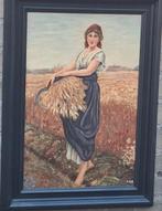 Boerin met sikkel. Sign. Olie/paneel. 40/55  cm., Huis en Inrichting, Ophalen, Minder dan 50 cm, Oorspronkelijke maker, Zo goed als nieuw