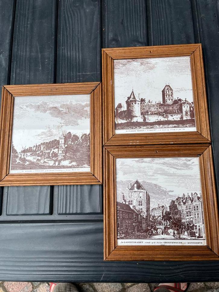 Utrecht Tegeltjes - Set van 3 Ingelijst 15x15 cm, Antiek en Kunst, Antiek | Wandborden en Tegels, Ophalen of Verzenden