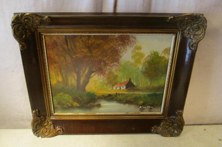 Mooi Oud Geschilderd Werk 'Huisje en Rivier' - gesign, Antiek en Kunst, Kunst | Schilderijen | Klassiek, Ophalen of Verzenden
