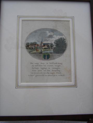gravure 18e eeuw van dorp Maasland, handgekleurd, ingelijst beschikbaar voor biedingen
